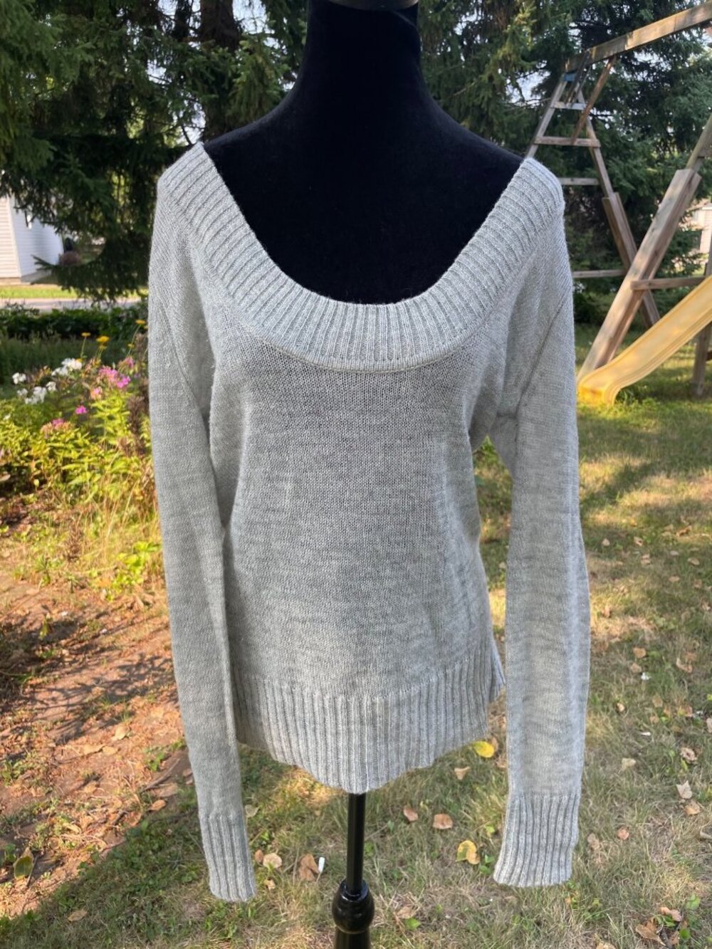 Vintage Y2K Express Sweater Sheer Off Shoulder Metallic Silver L Alpaca Wool